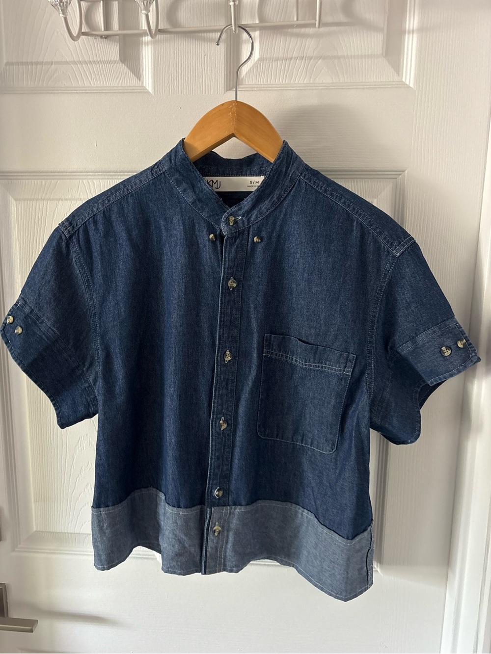 KMJ Upcycled Two-Tone Cropped Denim Shirt Short Sleeve Band Collar S/M